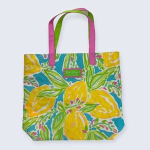 Lilly Pulitzer x Estée Lauder Yellow Lemons Blue Green Floral Shoulder Tote Bag